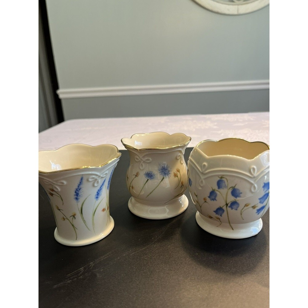 New - Lenox Classic Set of 3 Floral Votives Porcelain Flowers Blue Orange Gold